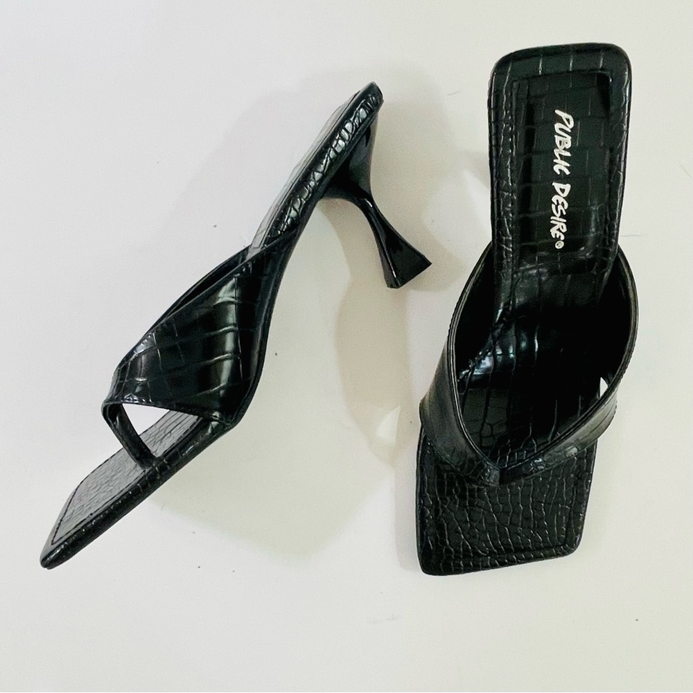 Public Desire Black Croc-Effect Square Toe Heeled Mules